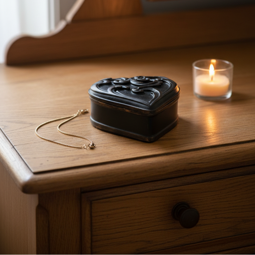 A black heart-shaped ornate jewelry box with a gold necklace resting beside it on a wooden nightstand, with a lit candle in the background.