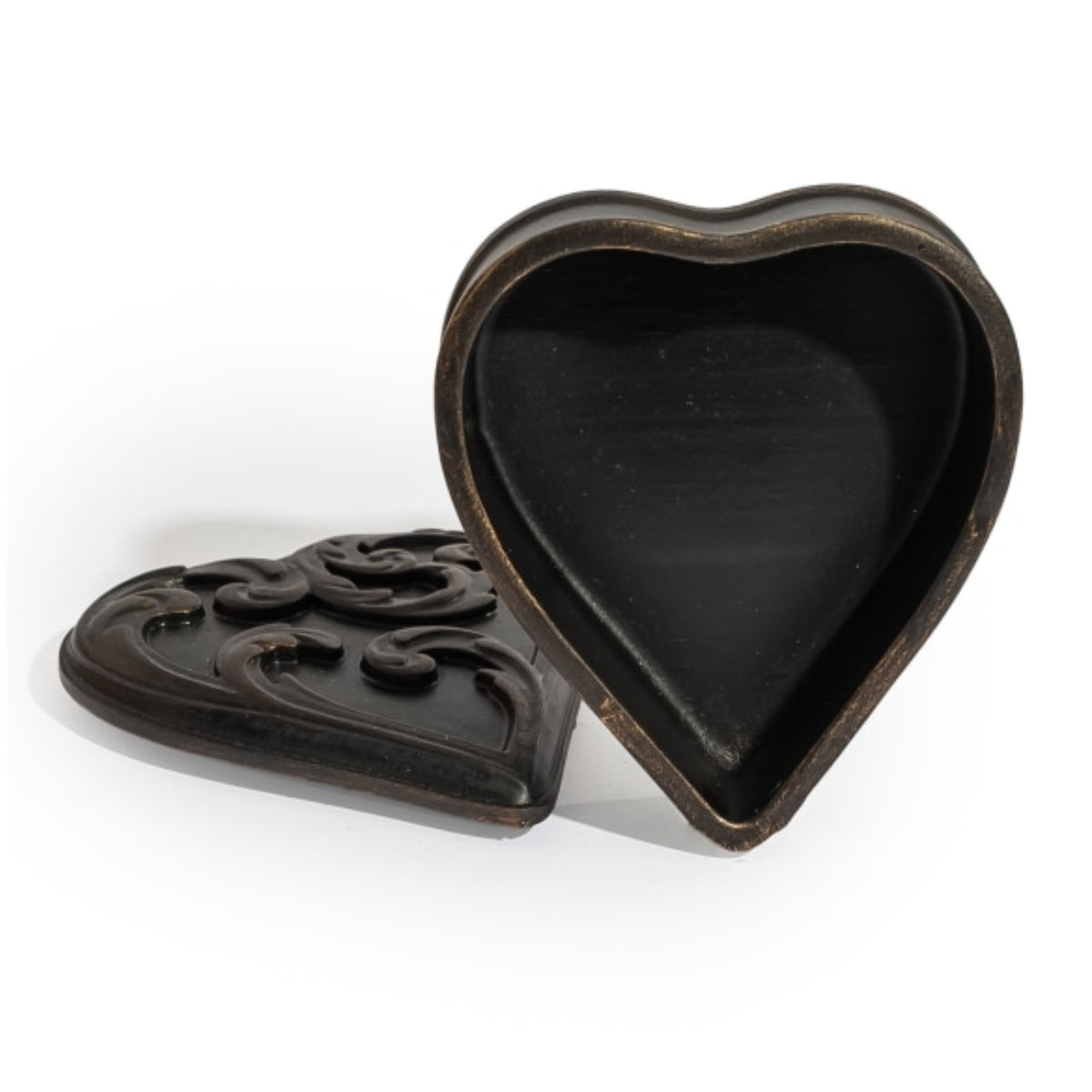A heart-shaped dark brown wooden keepsake box with a carved scrollwork lid, shown open on a white background.