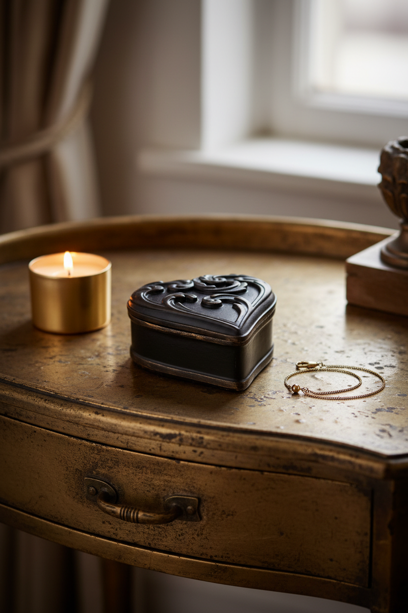 A small black ornate jewelry box with a heart-shaped lid sits on a distressed bronze-colored wooden table next to a lit gold candle and a gold chain necklace.