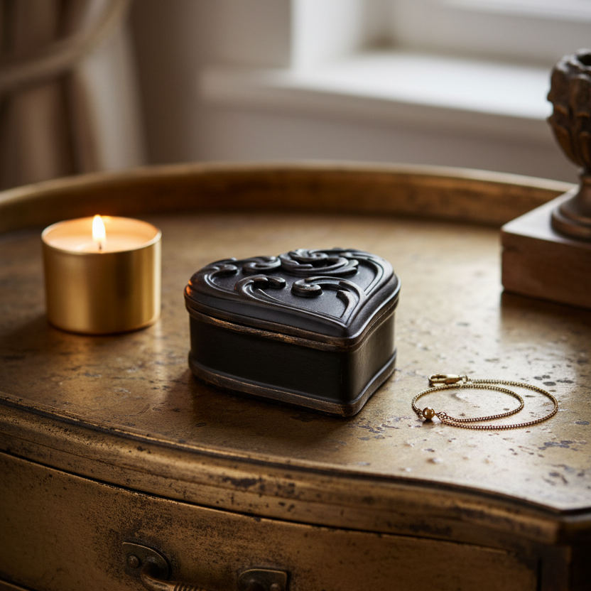 A small black ornate jewelry box with a carved lid sits on a distressed gold-toned wooden table next to a lit gold candle and a gold chain bracelet.