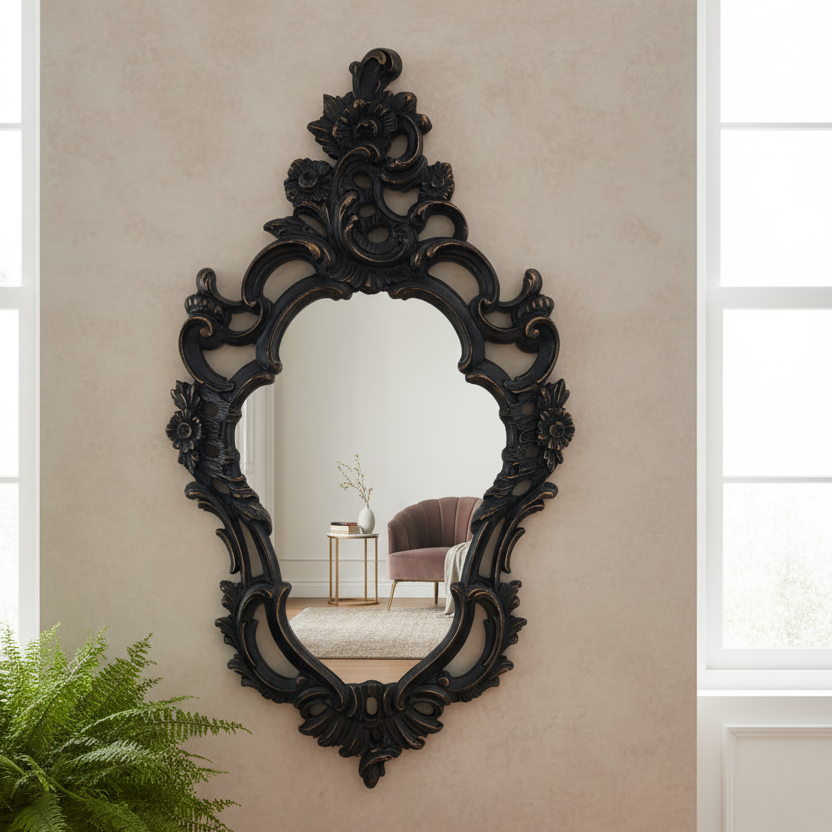 Antique Black Ornate Portrait Mirror