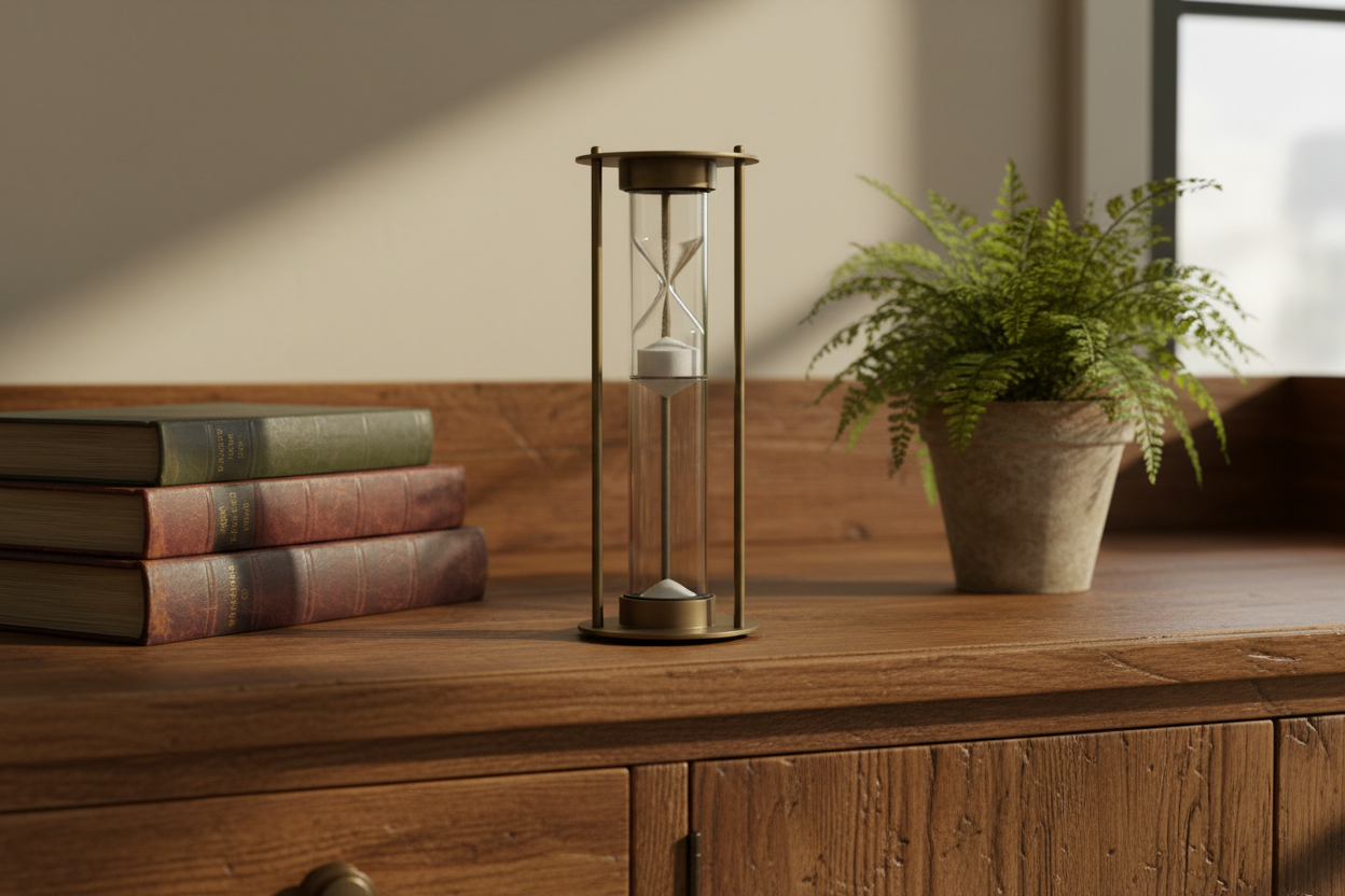 Hourglass, stack of books, and potted plant on a wooden surface with a neutral background