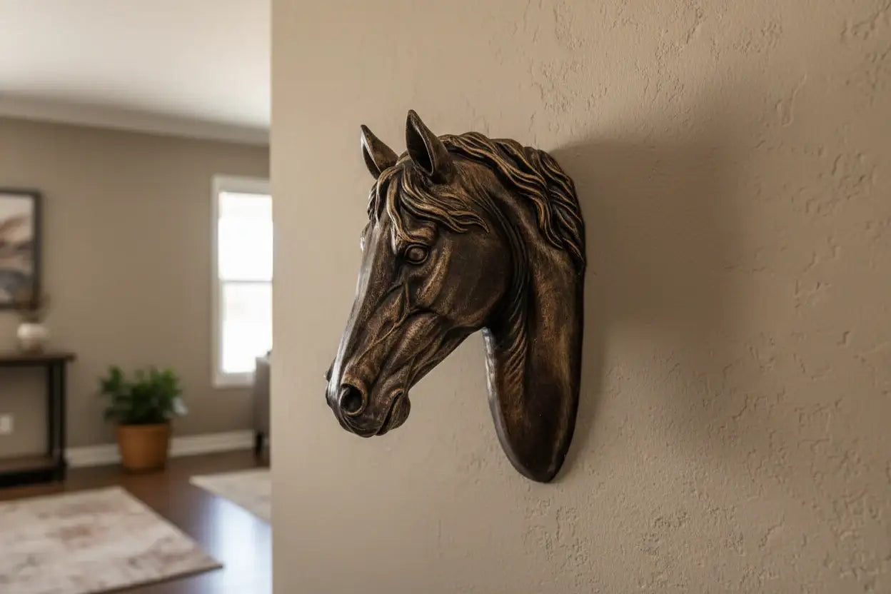 Bronze horse head sculpture on a wall in a room with a plant and window.