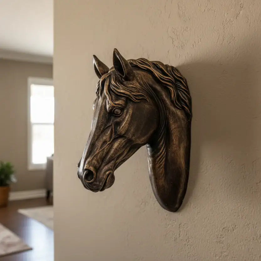Bronze horse head sculpture on a wall