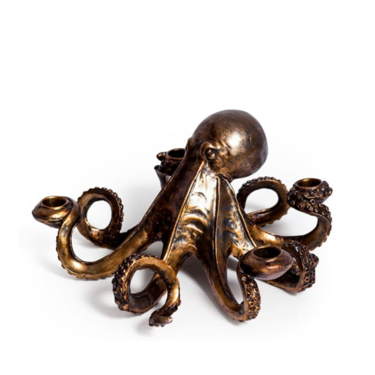 An octopus-shaped bronze candle holder with eight arms, each ending in a small cup, photographed on a clean white background.