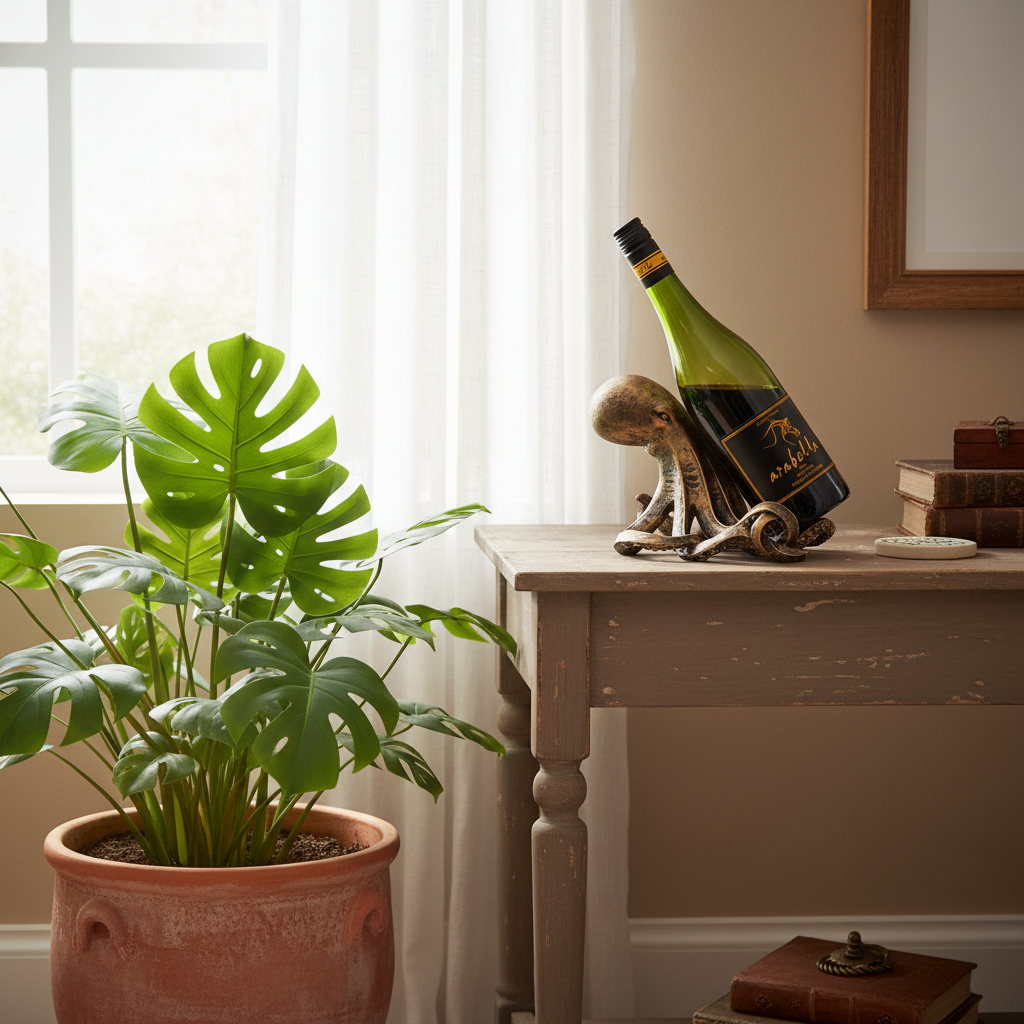 A green wine bottle with a black label and gold script stands on a decorative metallic octopus sculpture on a rustic wooden table. The scene is styled in a warm, sunlit room with a potted monstera plant in the foreground and a beige wall in the background.
