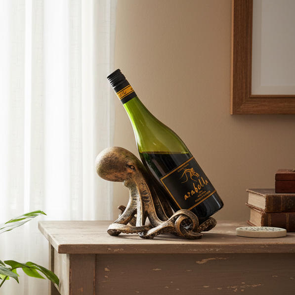 A green wine bottle with a black and gold label is propped up by a decorative octopus-shaped metal stand on a wooden table in a styled interior setting.