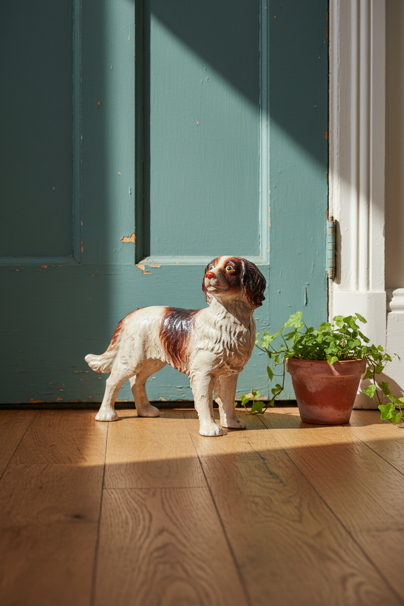 A ceramic dog figurine standing on a wooden floor next to a potted plant, positioned in front of a teal door with warm sunlight casting dramatic shadows.