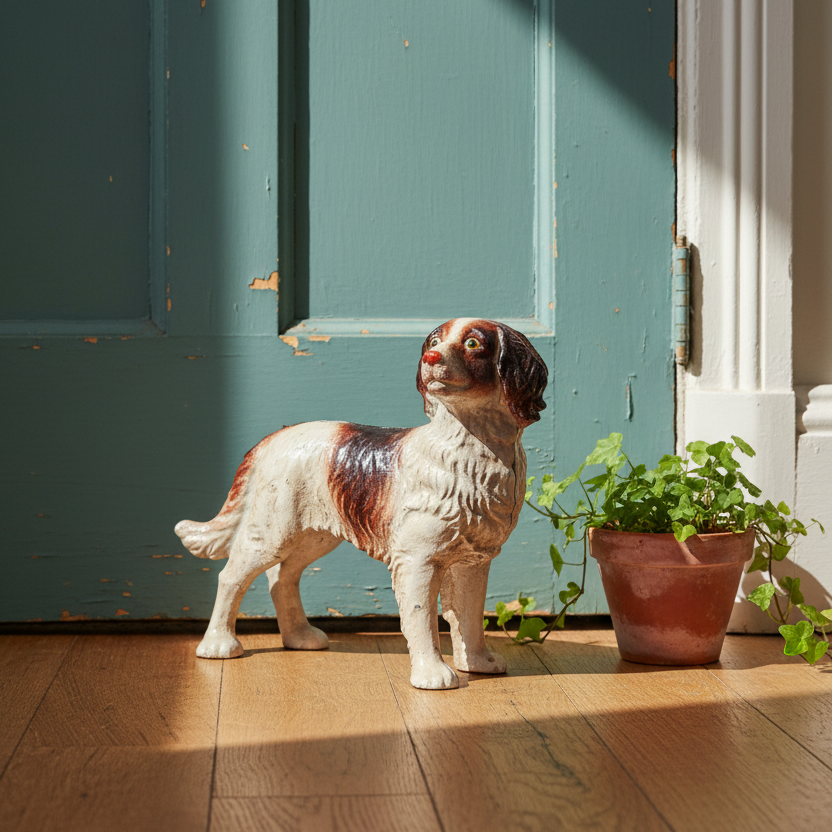 A ceramic dog figurine in a white and brown spaniel style stands on a wooden floor beside a potted green plant in front of a teal door.