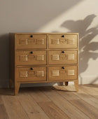 Wooden dresser with six drawers in a room with a plant and wooden floor.