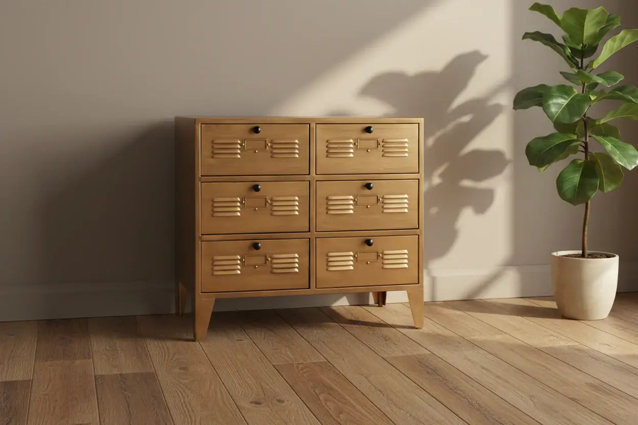 Wooden dresser with six drawers in a room with a plant and wooden floor.