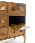 Wooden locker-style dresser with open drawer on a white background