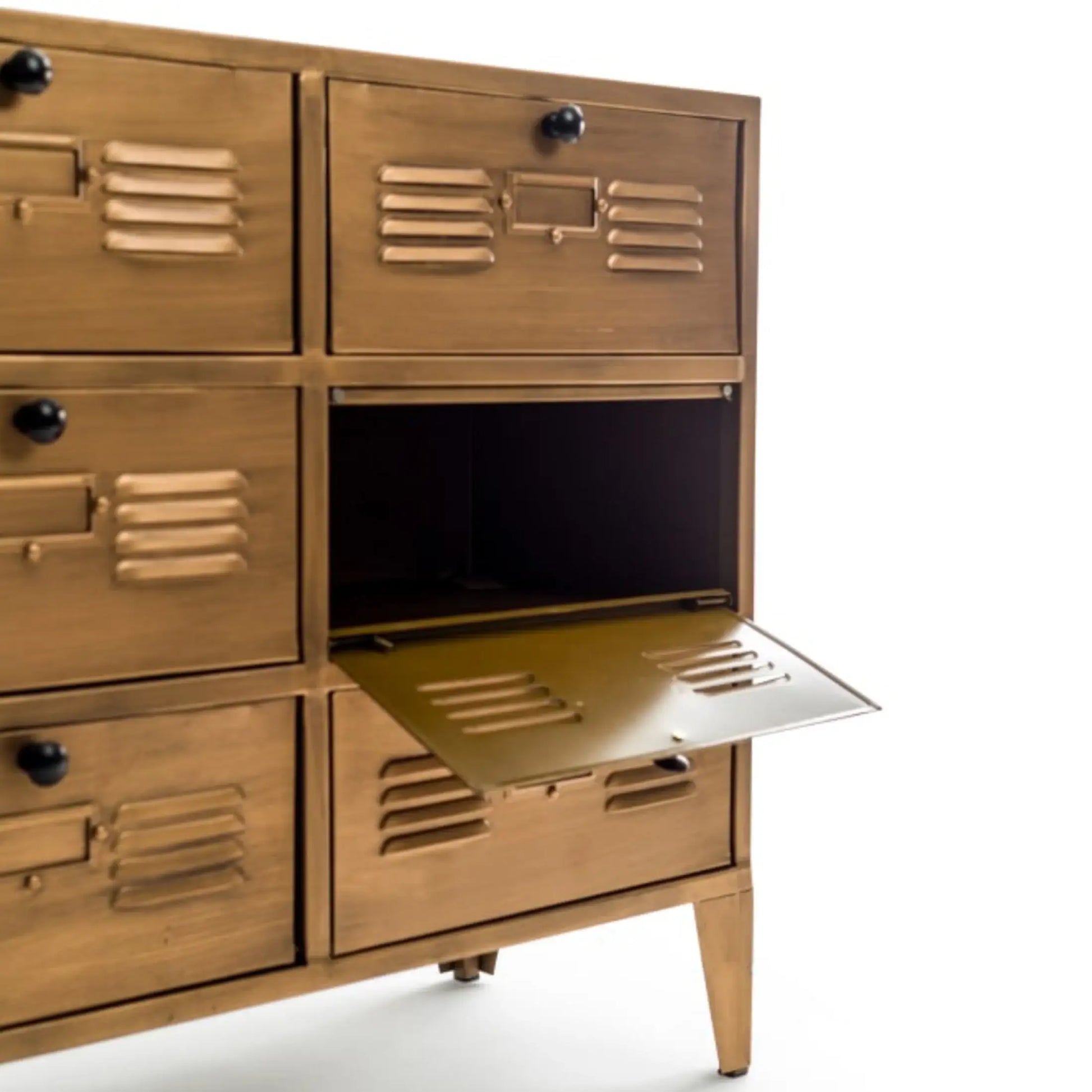 Wooden locker-style dresser with open drawer on a white background
