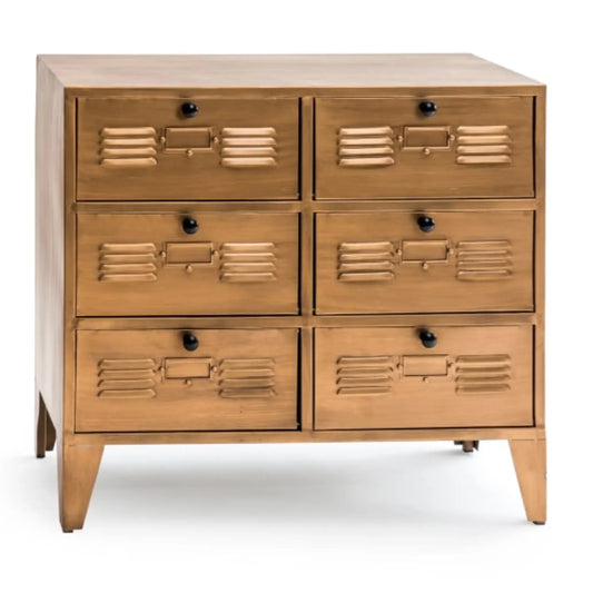 Wooden dresser with six drawers on a white background