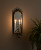 An ornate wall-mounted mirror with a gold frame and two lit candle-style bulbs, shown on a dark wall with a green fern plant in the foreground.