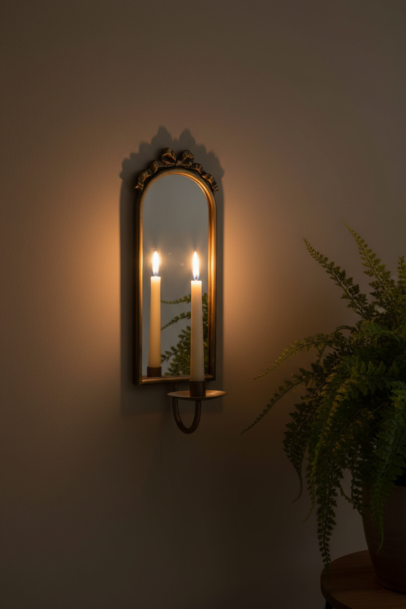 An ornate wall-mounted mirror with a gold frame and two lit candle-style bulbs, shown on a dark wall with a green fern plant in the foreground.