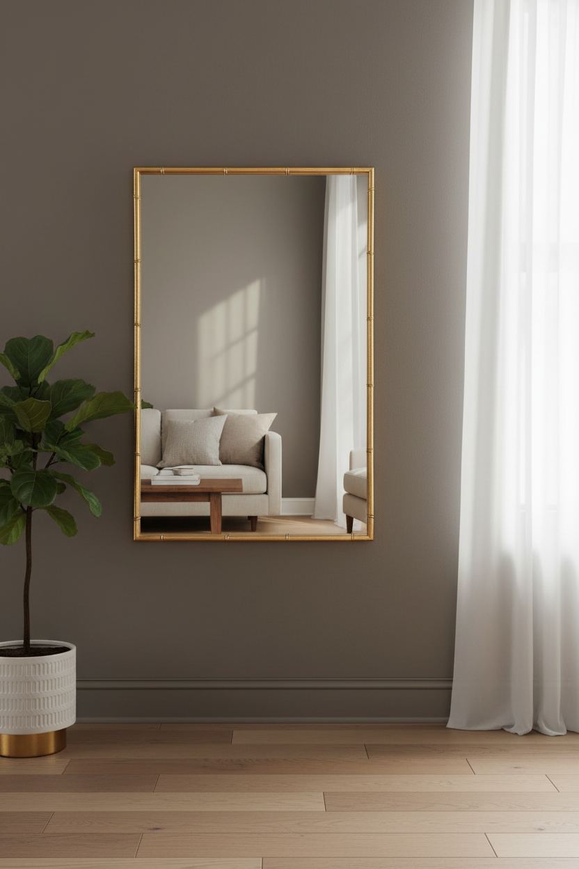 Gold-framed mirror on a wall with a plant and sofa in the reflection