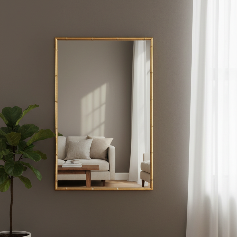 Rectangular mirror with gold frame on a wall, reflecting a living room.