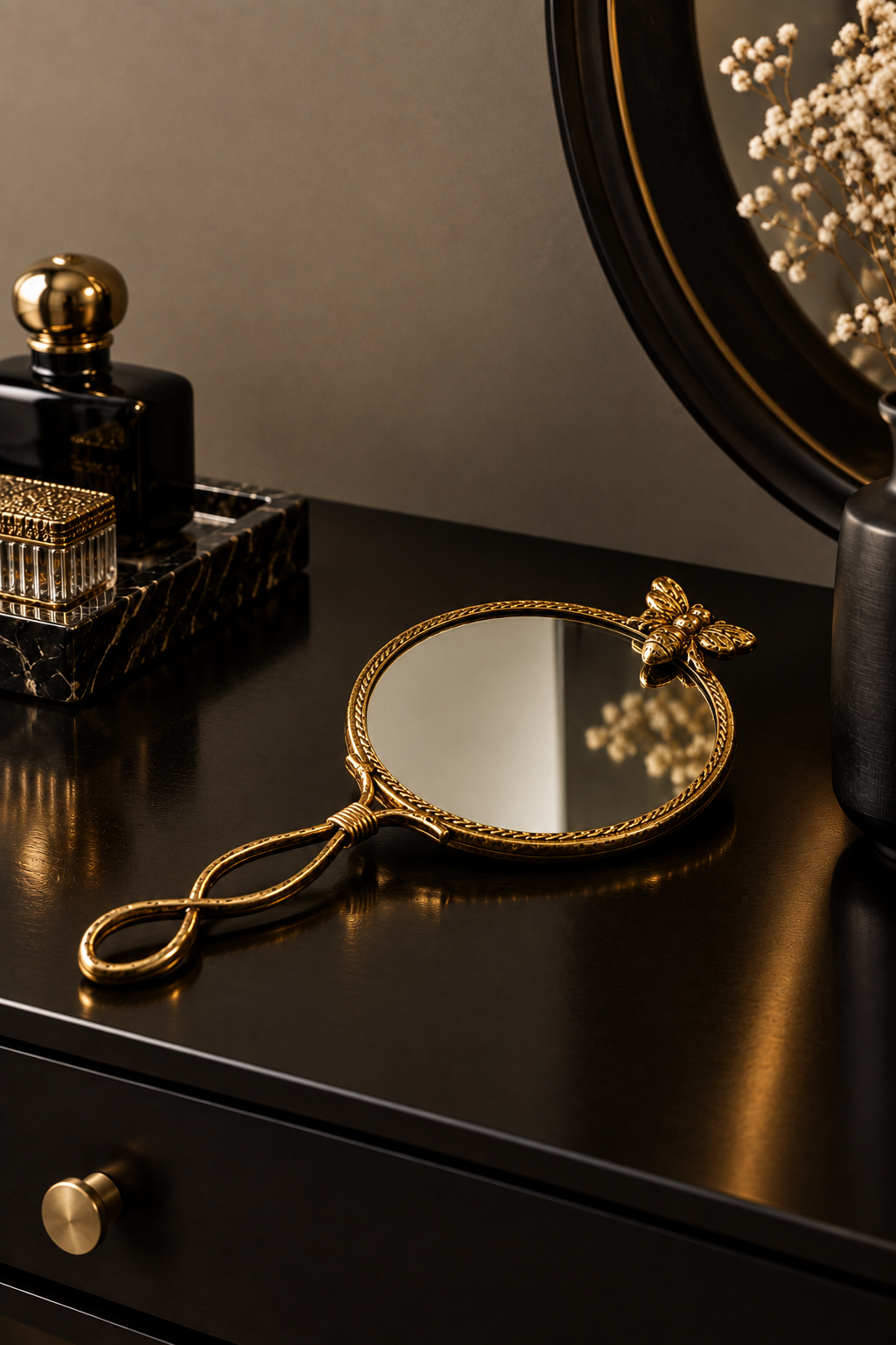 A decorative handheld mirror with an ornate gold frame, a bee accent at the top, and a loop handle, styled on a dark wooden dresser next to perfume bottles.