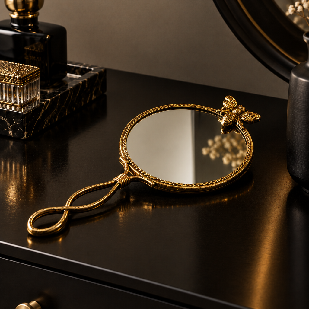 An ornate gold handheld mirror with a decorative handle and a small bee ornament at the top, displayed on a dark wooden vanity table.