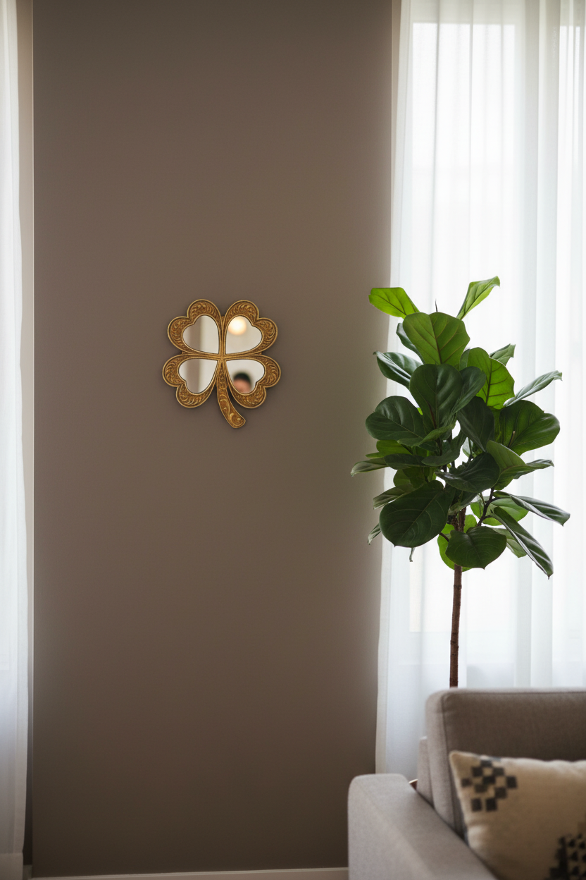 Decorative wall mirror with a plant and cushion on a sofa in a room.