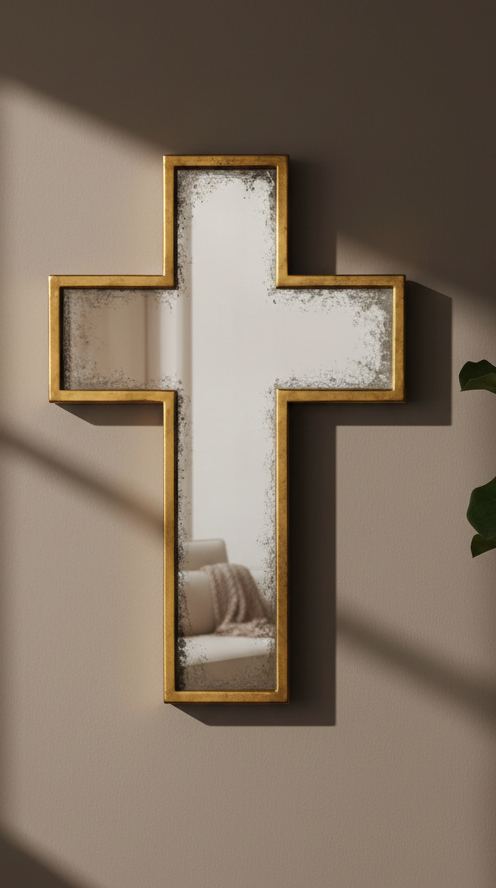 Decorative cross-shaped mirror on a wall with a plant to the right