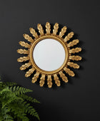 Decorative gold sunburst mirror on a black wall with a plant in the foreground.