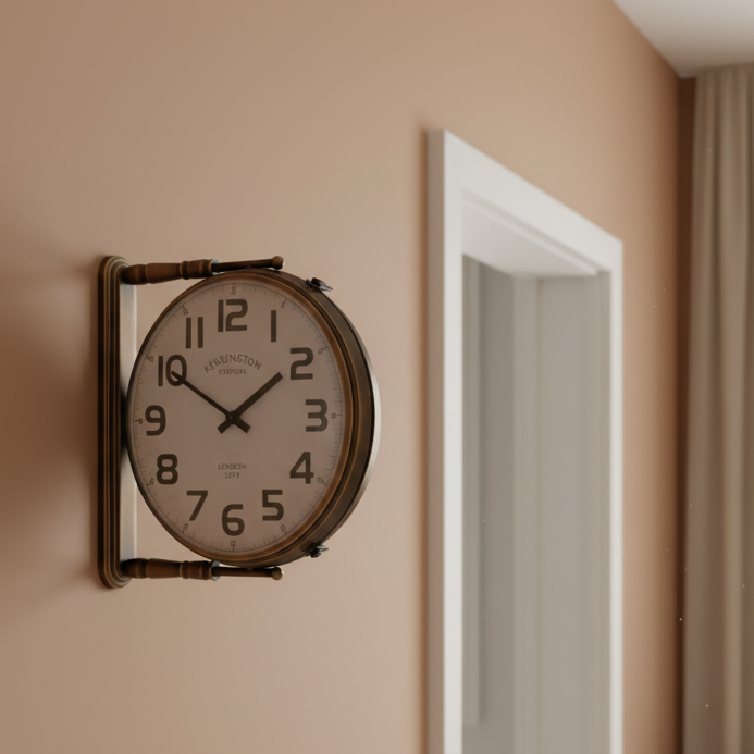 Vintage-style wall clock on a beige wall with a door frame in the background