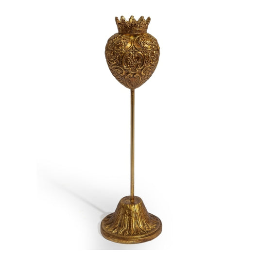 Antique Gold Embossed Crown Heart Ornament on Stand – Elegant Vintage Home Decor 1