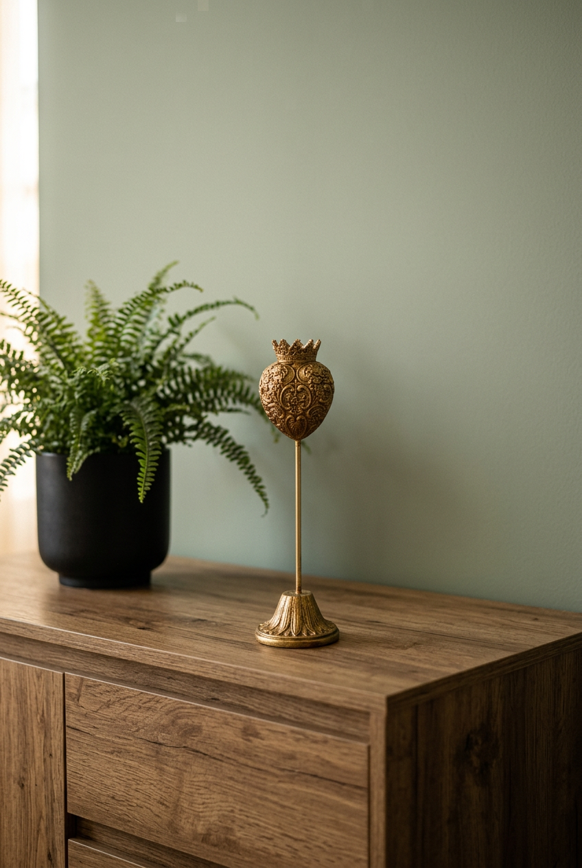 Antique Gold Embossed Crown Heart Ornament on Stand – Elegant Vintage Home Decor 5