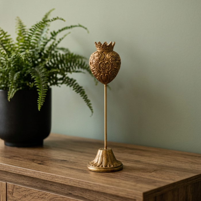 Antique Gold Embossed Crown Heart Ornament on Stand – Elegant Vintage Home Decor