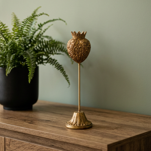 Antique Gold Embossed Crown Heart Ornament on Stand – Elegant Vintage Home Decor