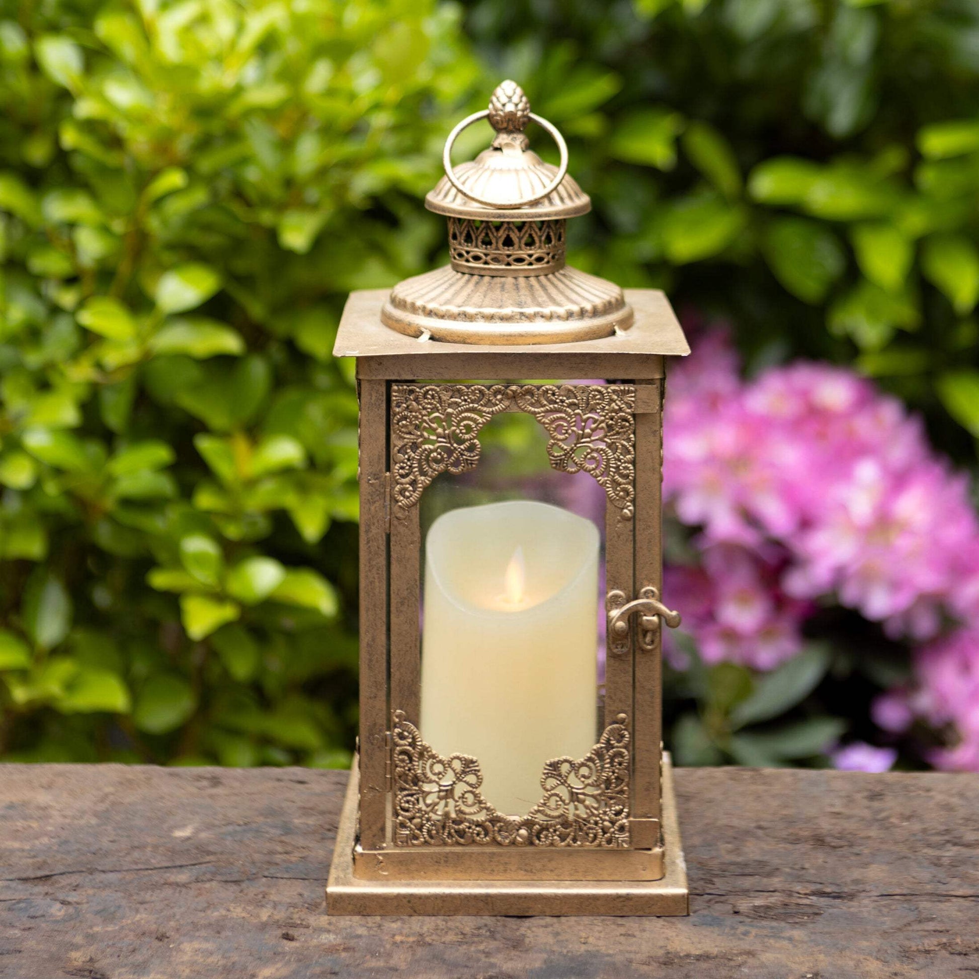 Antique Gold Glass Sided Metal Lantern - The Farthing