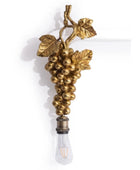 Decorative wall light fixture with gold grapes and leaves on a white background