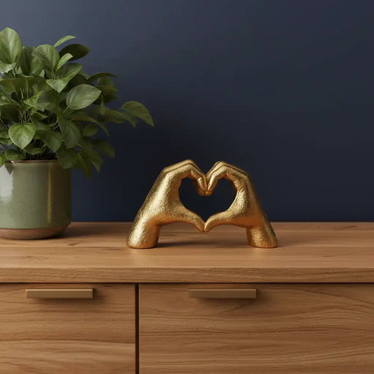 Gold hands forming a heart shape on a wooden surface with a plant in the background