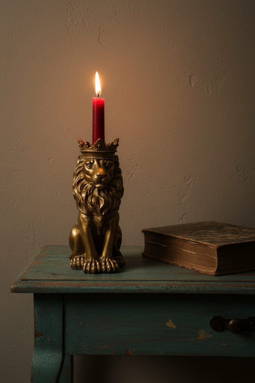 A red candle in a gold lion-shaped holder with a crown sits on a distressed teal table next to an old book against a textured beige wall.