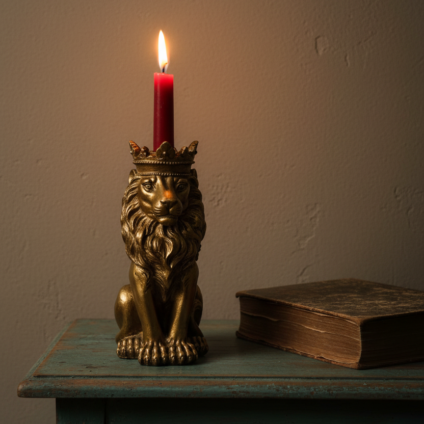 A brass lion candle holder with a crown, holding a lit red taper candle, displayed on a distressed teal wooden table next to an old book against a textured beige wall.