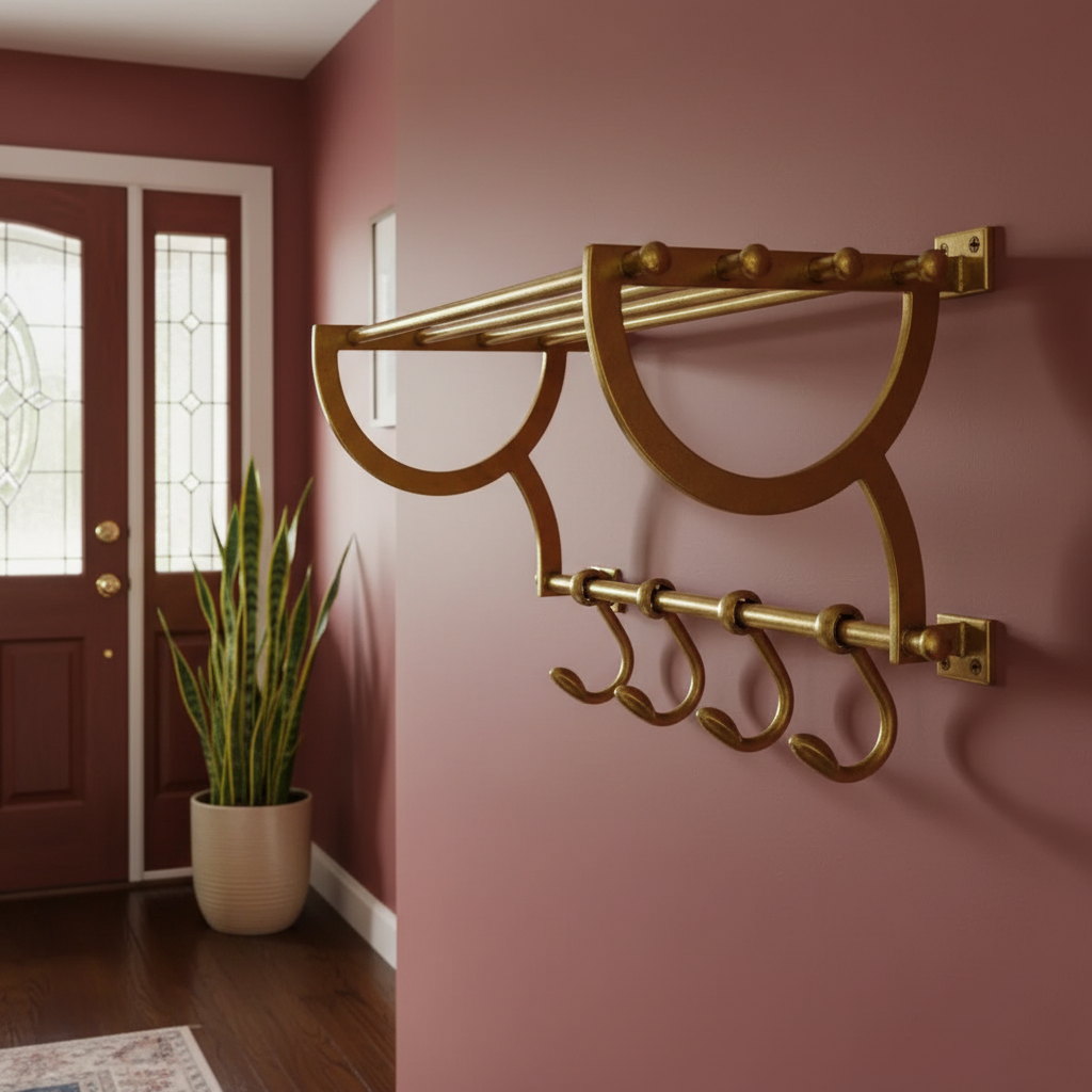 Decorative wall hook with hooks on a maroon wall next to a door.