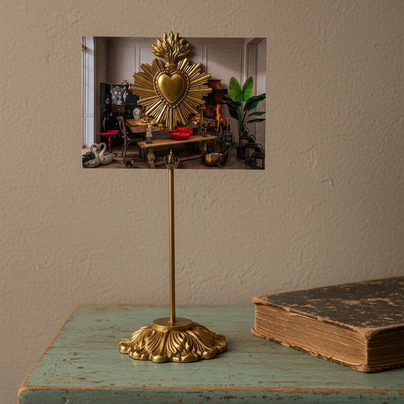 A brass Sacred Heart of Jesus tabletop display stand holding a framed art print, styled on a distressed teal wooden table next to an antique book against a textured beige wall.