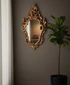 Decorative gold mirror on a wall with a potted plant beside it.