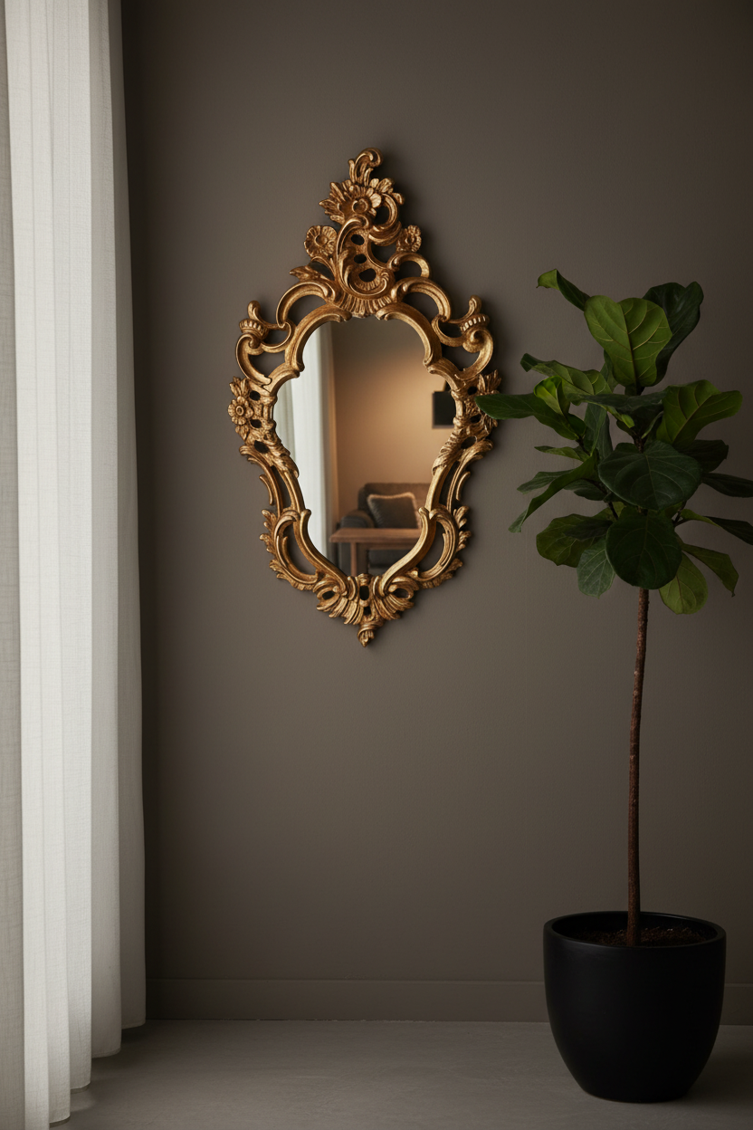 Decorative gold mirror on a wall with a potted plant beside it.