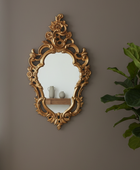 Decorative gold mirror on a wall with a plant to the right