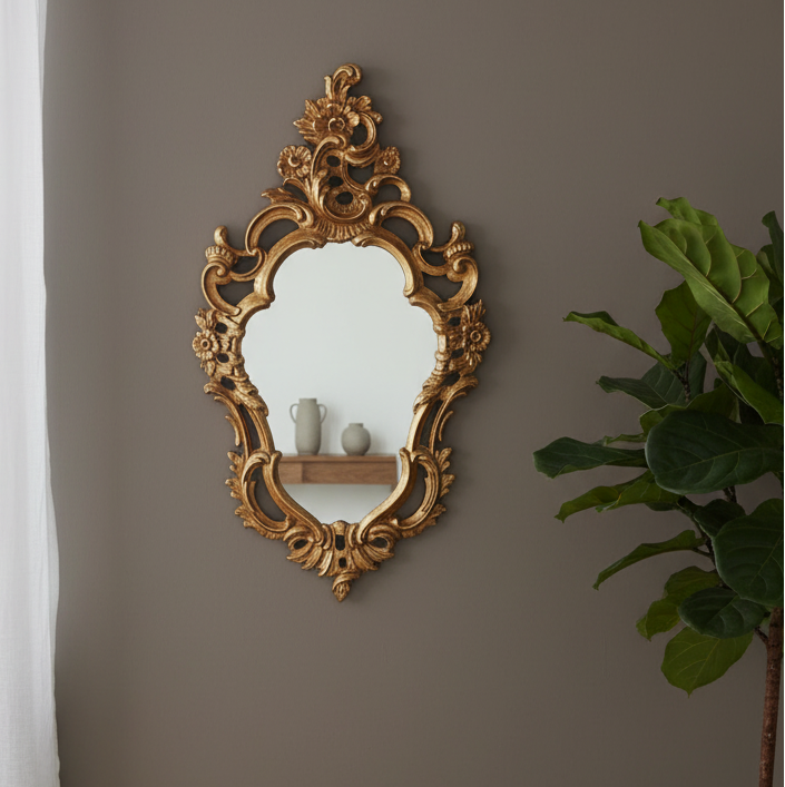 Decorative gold mirror on a wall with a plant to the right