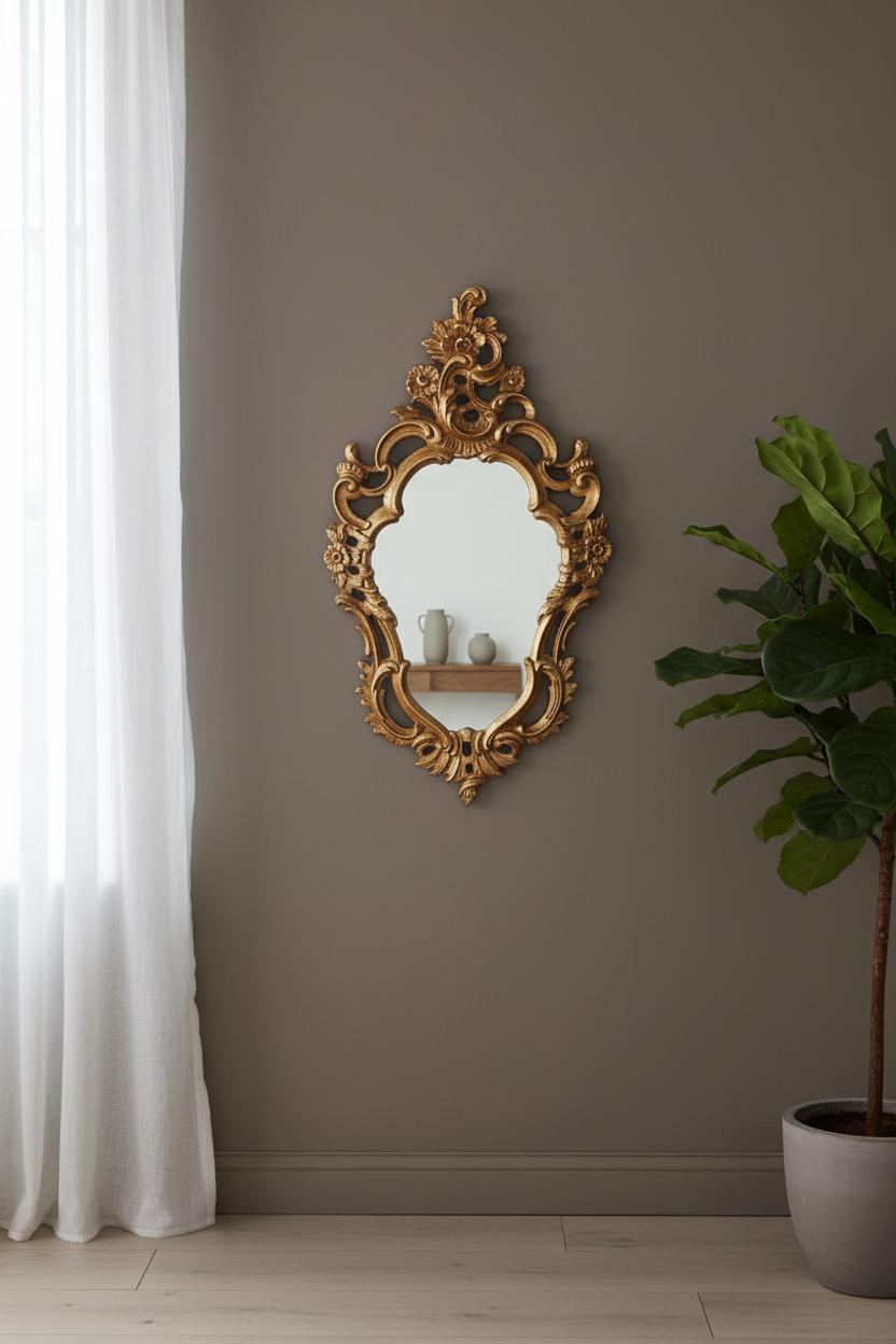 Decorative gold mirror on a gray wall with a plant and white curtain.
