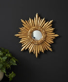 Decorative sunburst mirror on a black wall with a plant to the left.