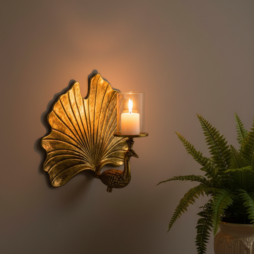 Antique Gold Peacock Wall Sconce Candle Holder