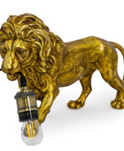 Gold lion statue with a light bulb inside on a white background