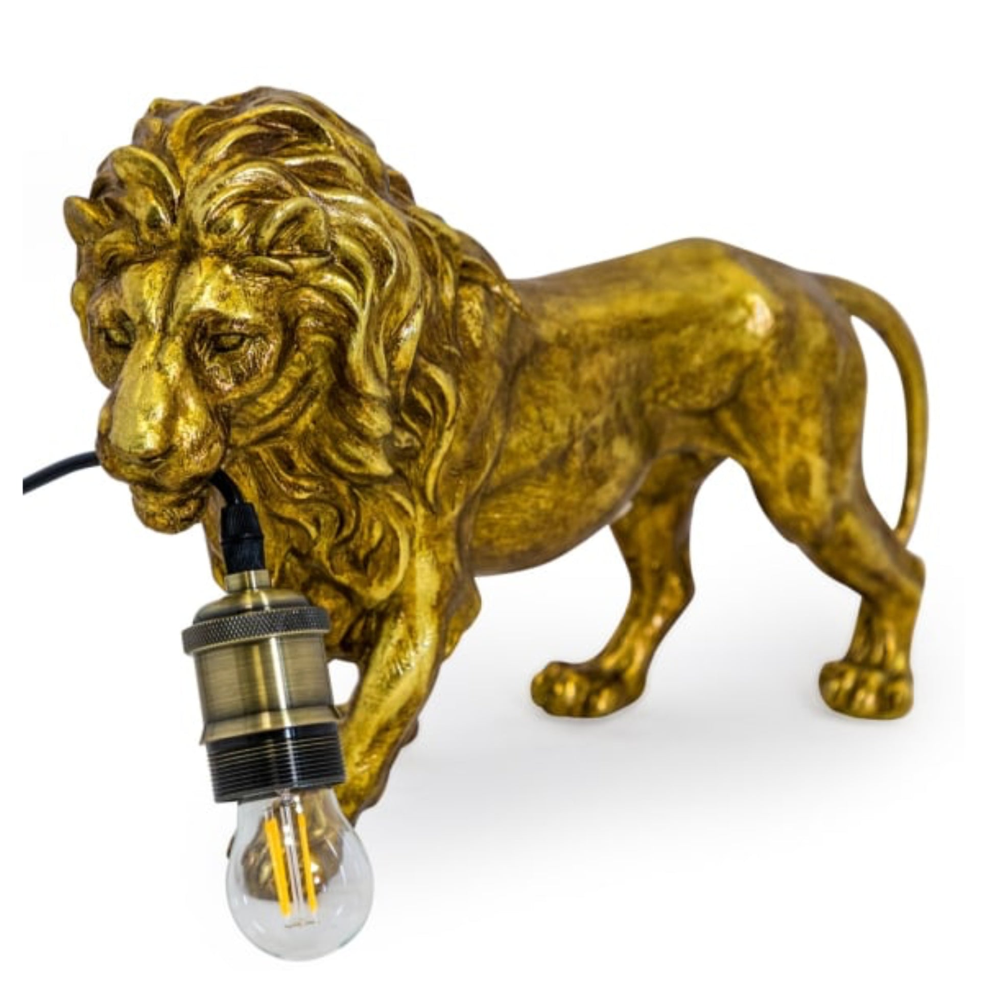 Gold lion statue with a light bulb inside on a white background