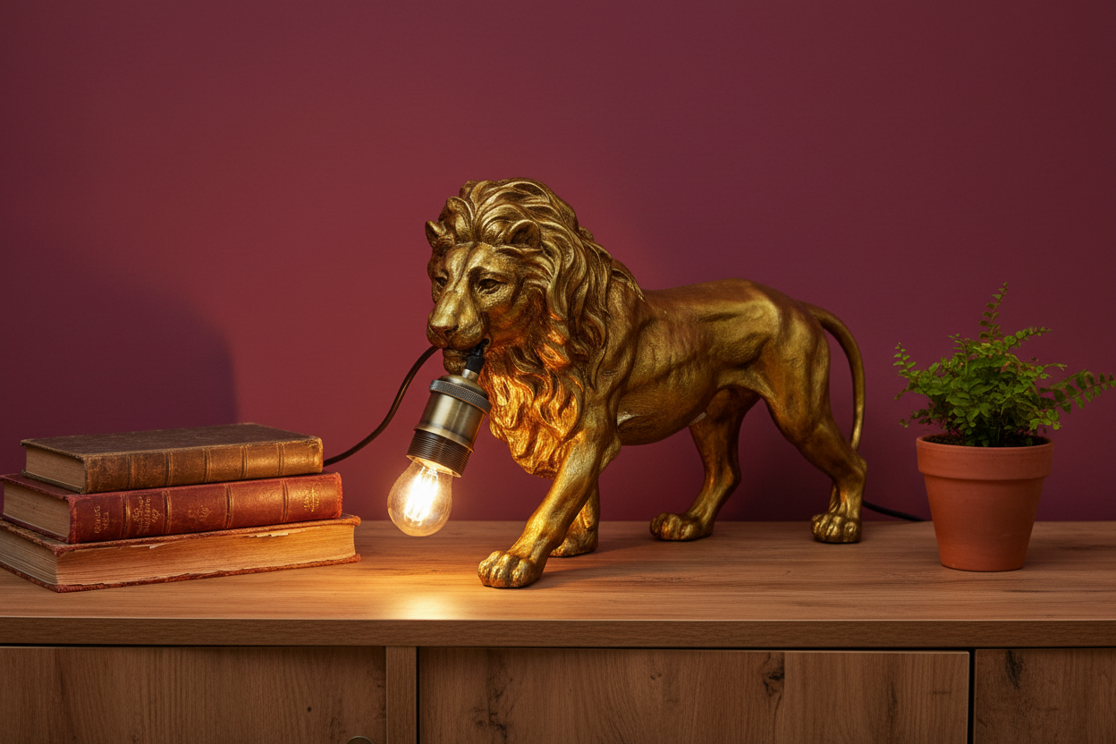 Gold lion-shaped lamp with a light bulb on a wooden surface against a purple wall.