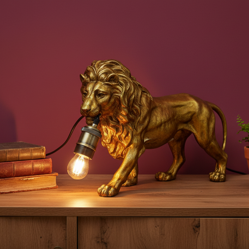 Gold lion statue with a light bulb as a lamp on a wooden surface against a purple wall.